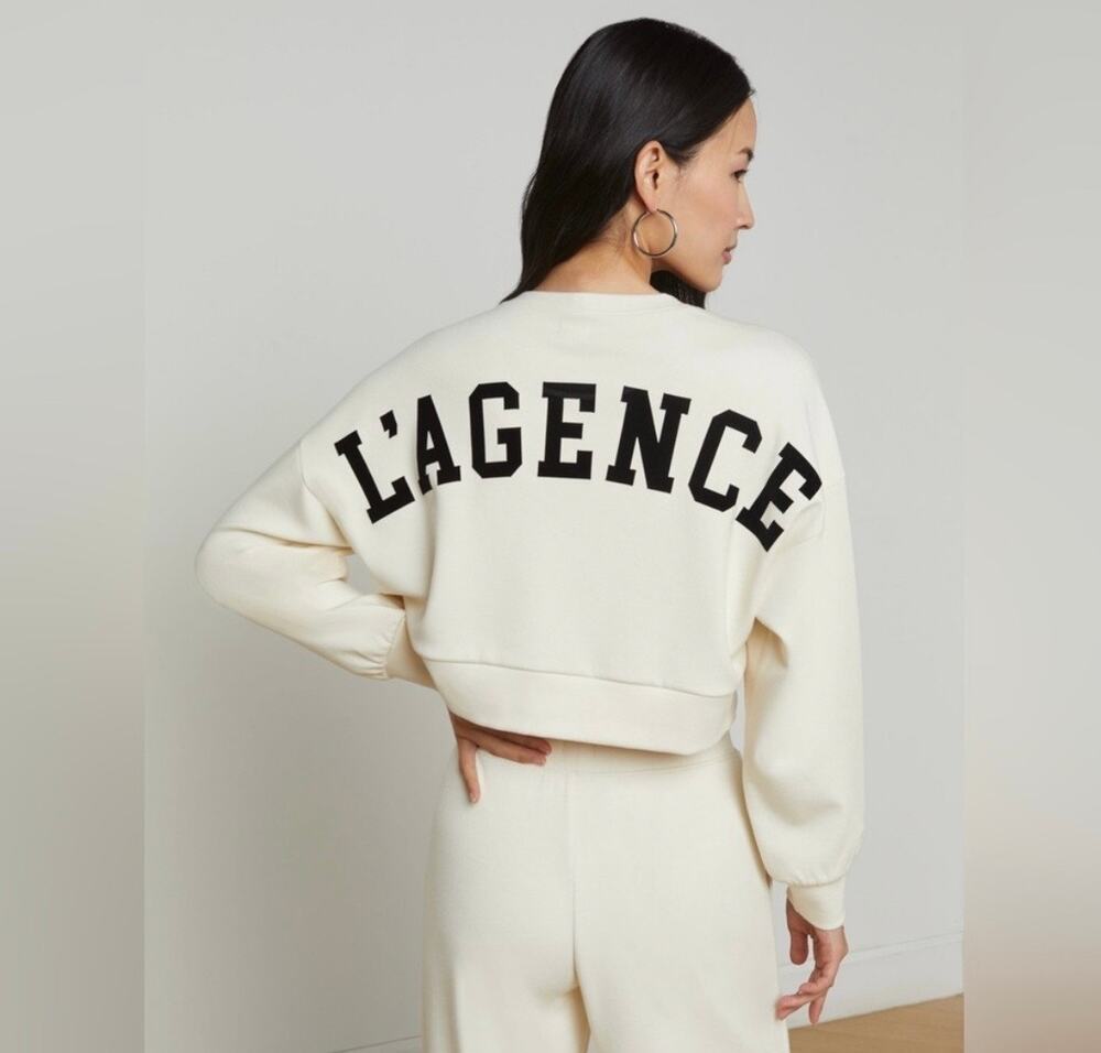 L'Agence Luvia Cropped Sweatshirt Creme Black Lettering Size M